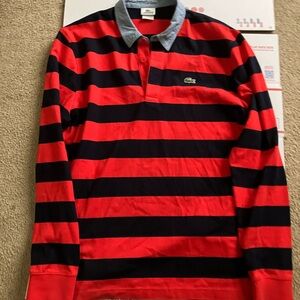 Lacoste Men's Red and Black Striped Shirt
